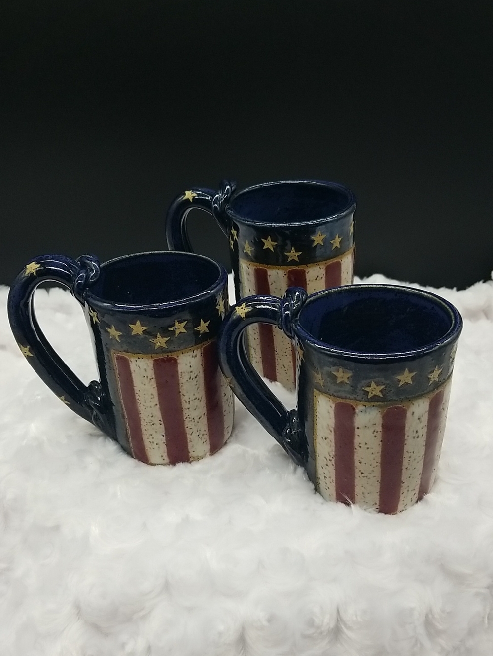3 Handmade Red, White, & Blue American Flag, Americana, Patriotic Ceramic Mugs